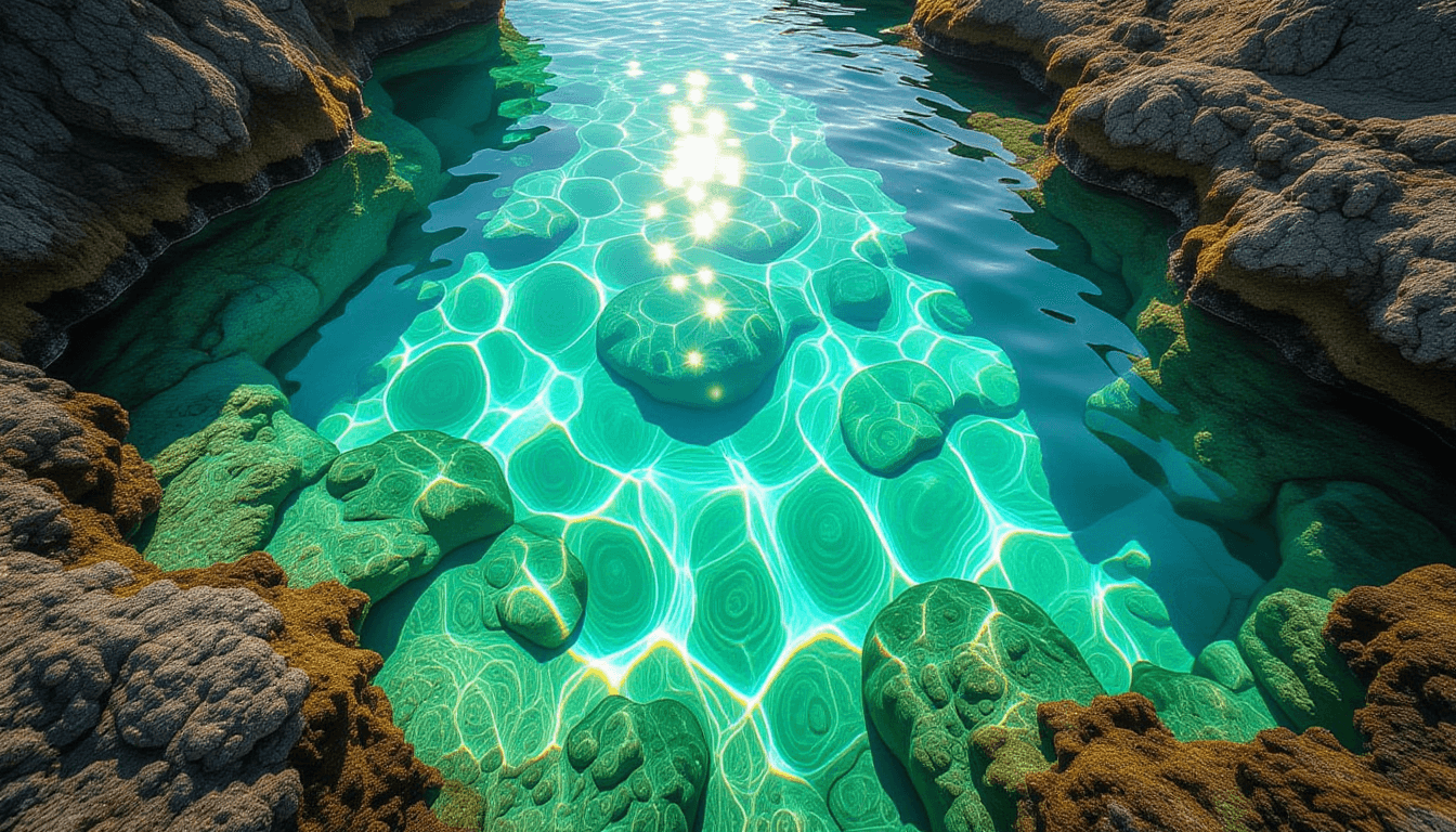 Sunlight fractures through turquoise tidal pools, revealing intricate, swirling currents beneath the