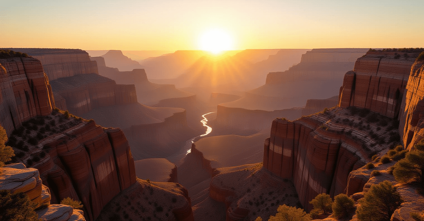 Golden hour light spills over a vast, rugged canyon valley, illuminating a single, sharp ridge line