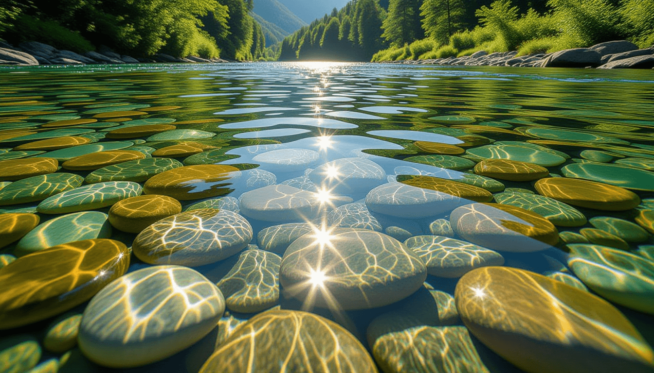 Sunlight pierces the surface of a slow-moving river, revealing smooth, submerged stones and clear vi