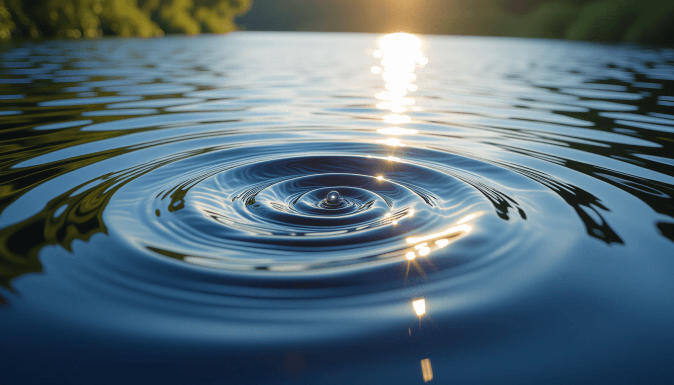 Sunlight glints off a swirling river eddy, where two distinct currents merge in a slow, deliberate d