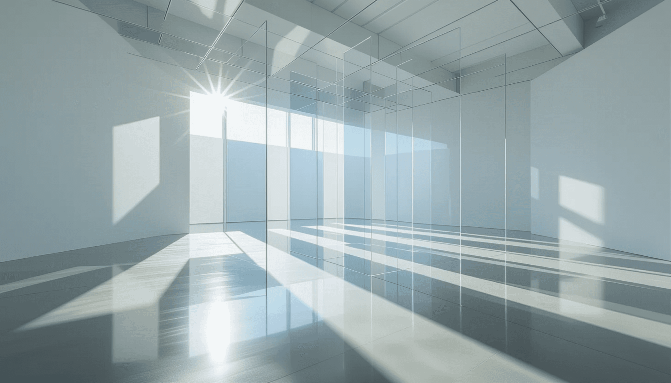 Sunlight fractures through layered translucent acrylic planes suspended in a sterile gallery, castin