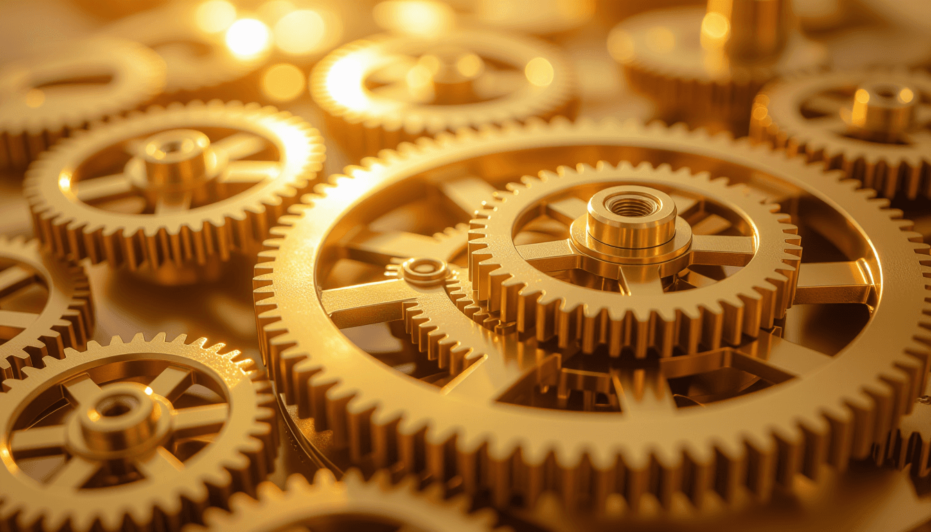 Golden hour light glints off polished brass gears in a kinetic sculpture, their precise motion captu