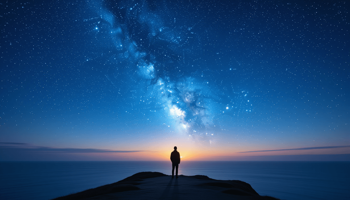 A solitary figure stands on a windswept cliff edge at twilight, silhouetted against a vast, star-fil
