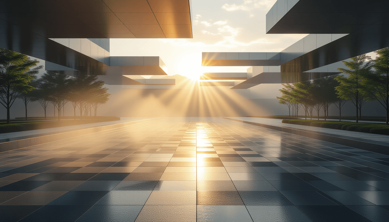 Golden hour light pierces layered translucent planes above a tessellated stone plaza, casting long