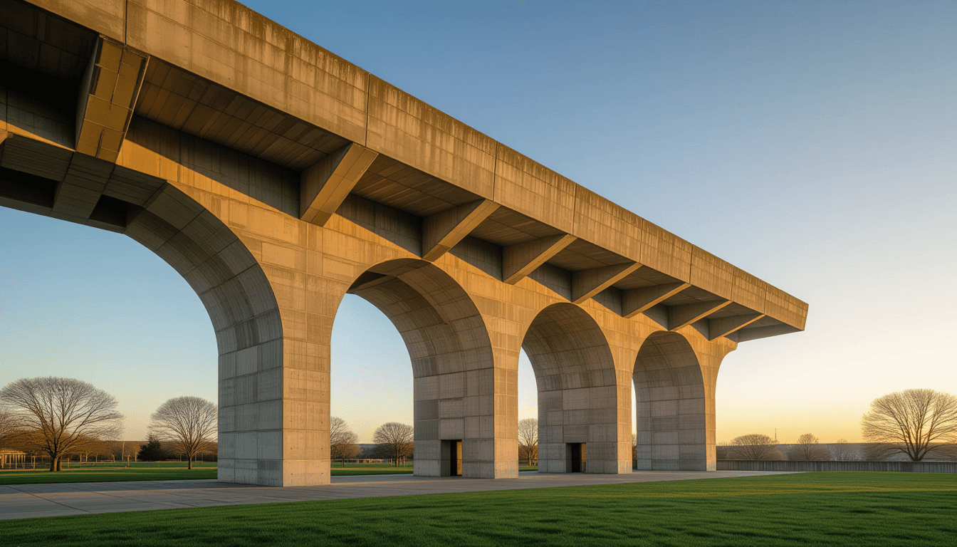 Golden hour light washes over a towering brutalist concrete structure, its heavy, interlocking geome