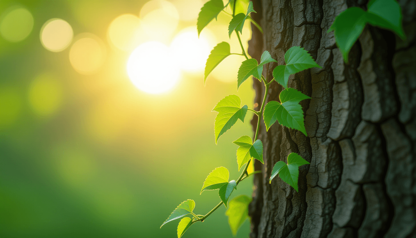 Golden hour sunlight filters through a dense, leafy canopy, illuminating a delicate green vine climb