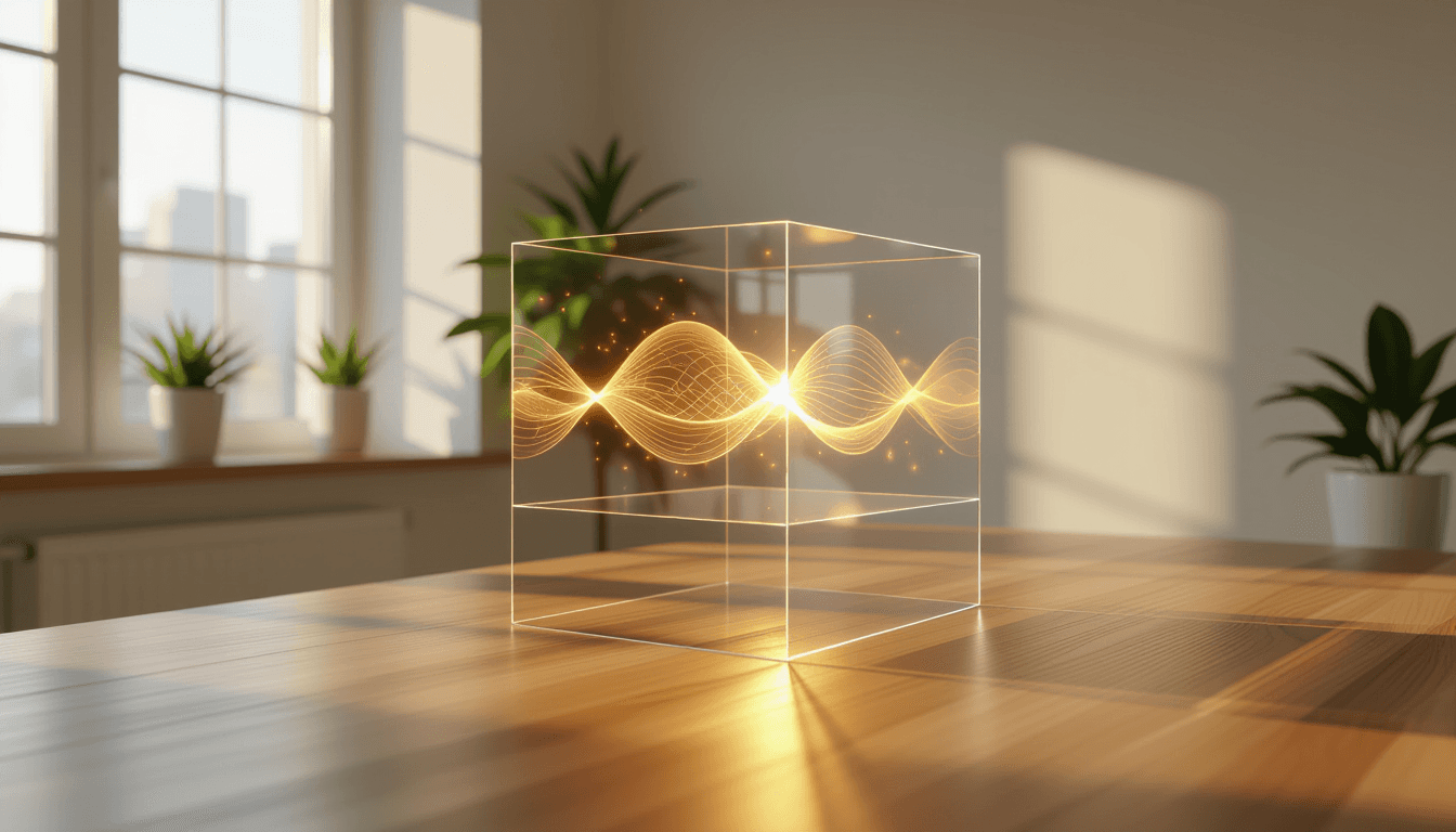 Stacked translucent acrylic panels catch golden hour light, revealing internal flow lines and geomet