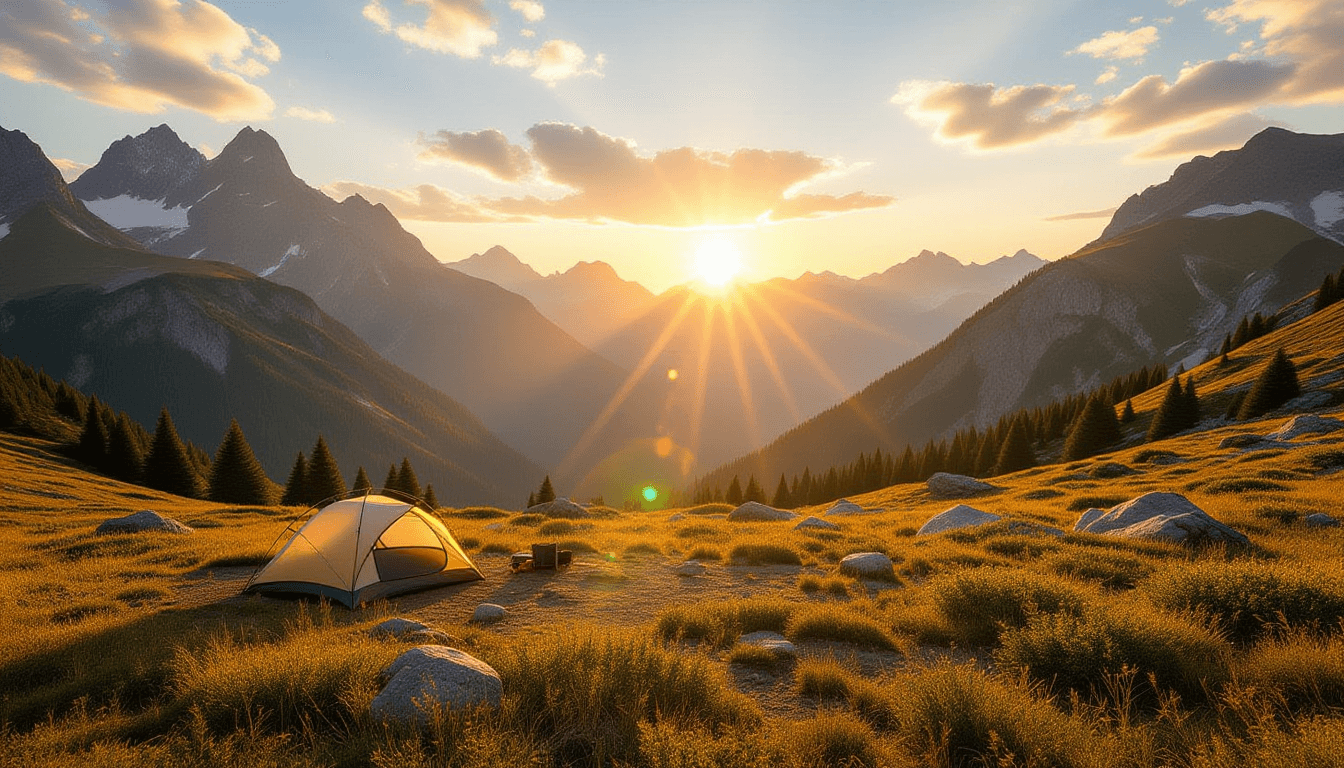 A sunlit valley floor stretches beneath towering peaks, the golden hour light illuminating the vast