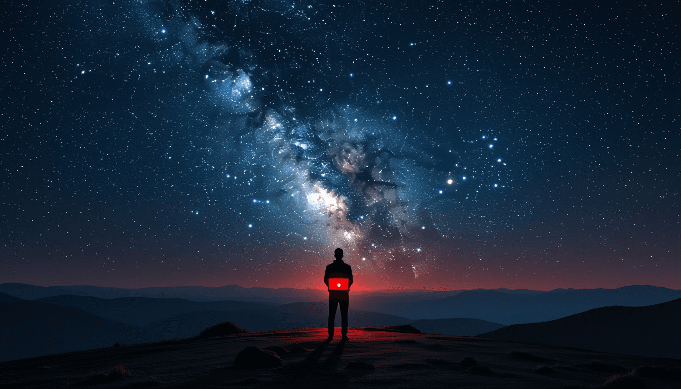 A silhouetted analyst stands on a barren ridge, dwarfed by the Milky Way’s vast arc, while harsh moo