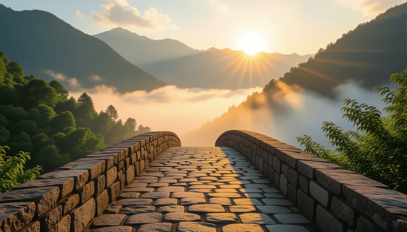 A stone bridge spans a misty gorge at golden hour, its worn path leading toward a sunlit mountain pa
