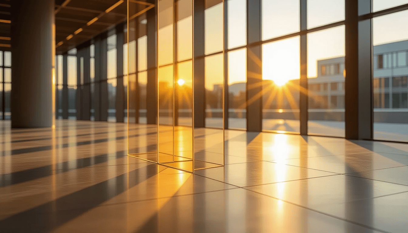 Golden hour light slices through stacked, translucent acrylic planes, casting sharp geometric shadow