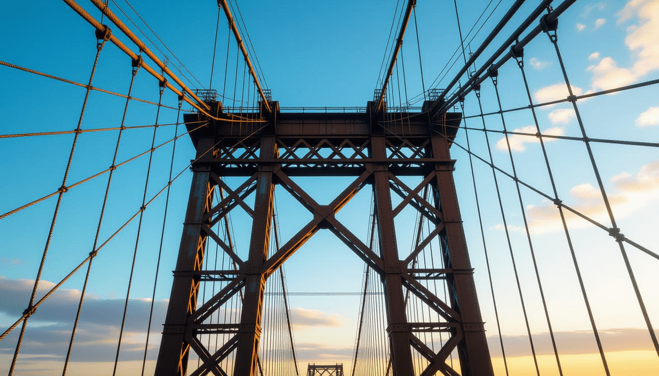 Golden hour light strikes the rusted steel lattice of a suspension bridge, highlighting a single fra