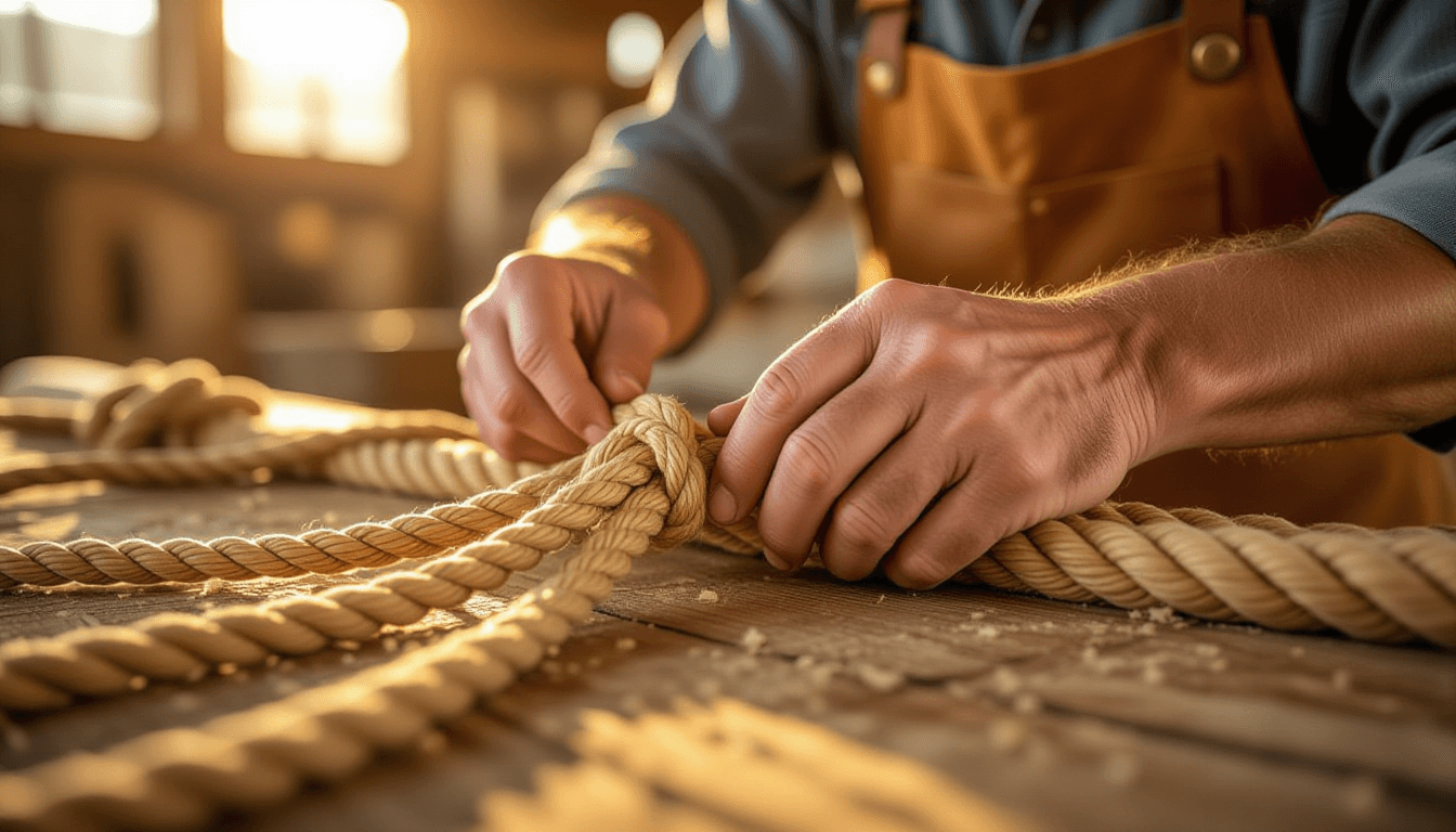 Golden hour light catches rough hands meticulously weaving thick hemp rope around a weathered wooden