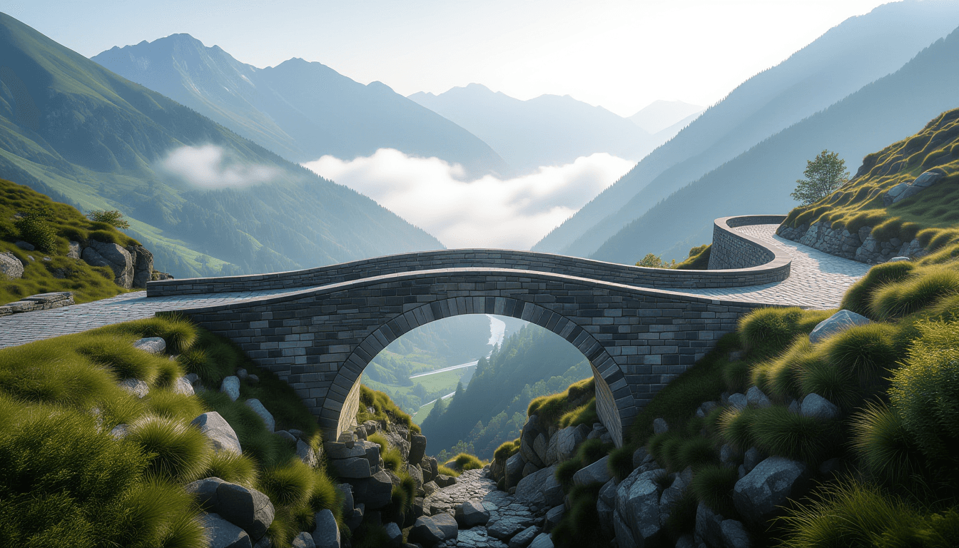 A misty mountain pass where a narrow stone bridge spans a deep chasm, captured in soft morning light