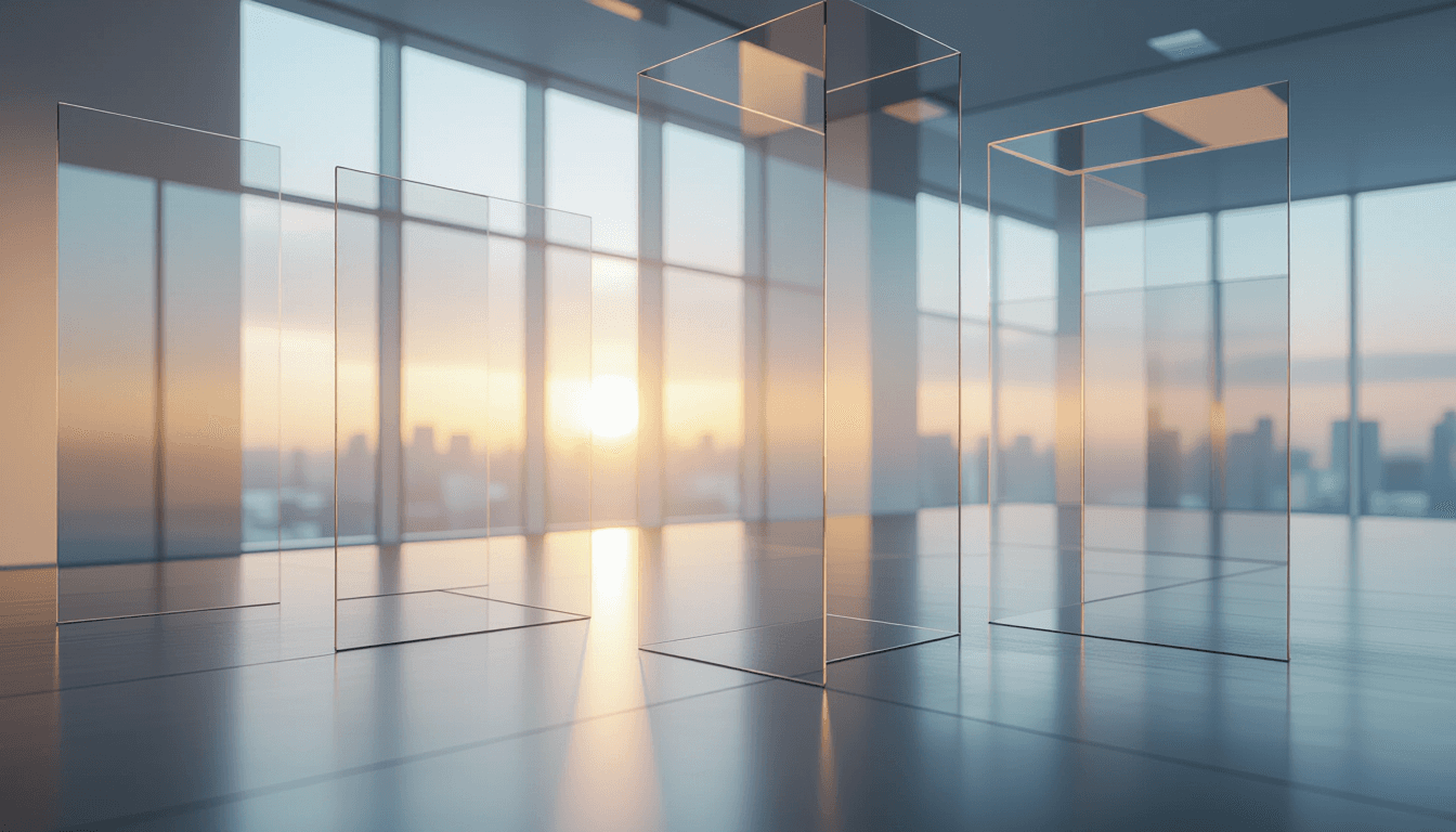 Layered translucent planes float in overcast diffused light, their edges catching the soft glow of a