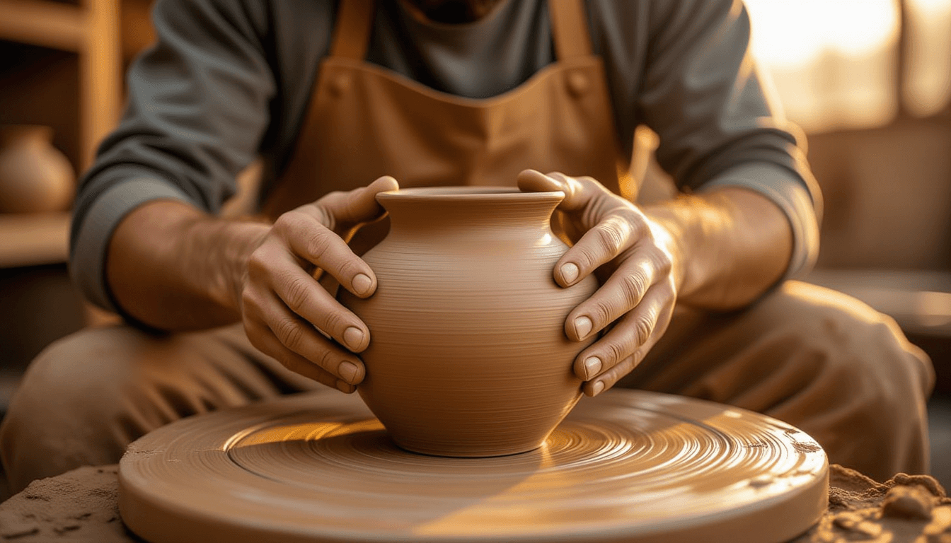 Golden hour light glints off damp clay as artisan hands meticulously smooth a wheel-thrown vase, cap