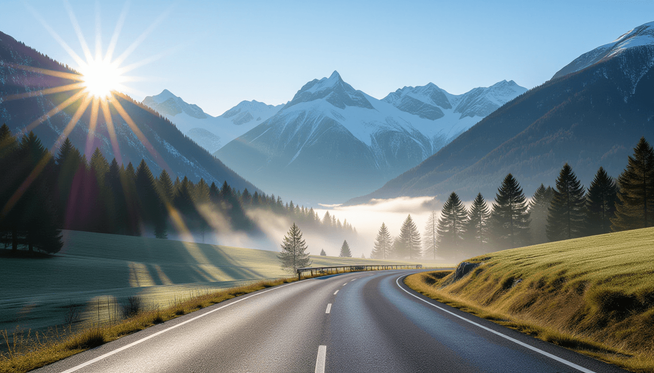 Sunrise floods a misty pine valley, illuminating a winding road that curves confidently toward dista