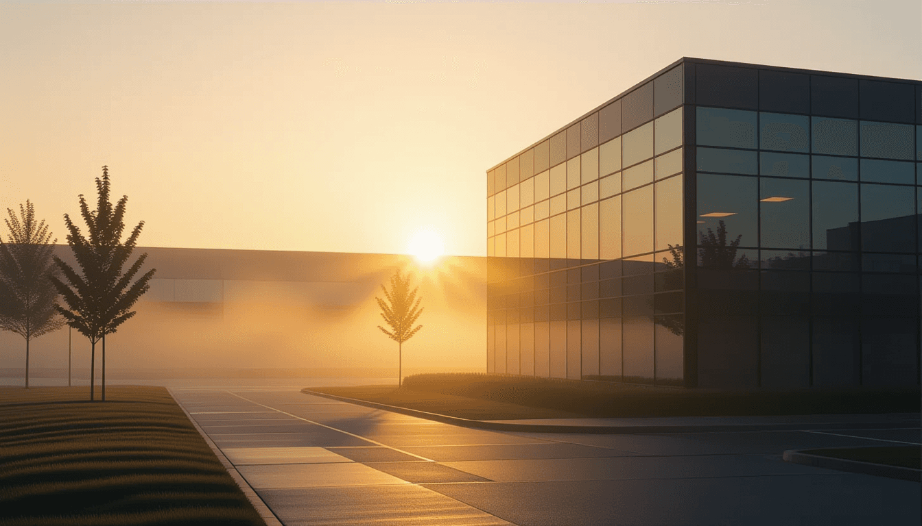 Dawn breaks over a misty industrial park, casting long, golden light beams through the fog to illumi