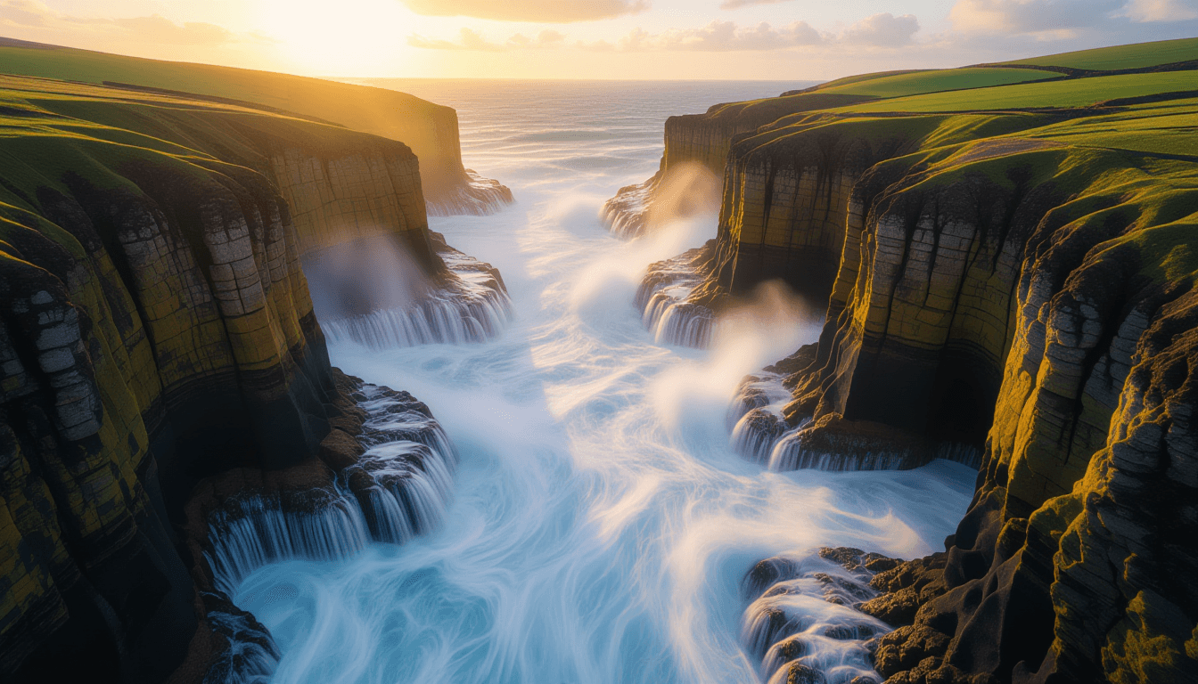 Aerial view of a rugged coastal canyon at golden hour, where long exposure smooths the churning whit