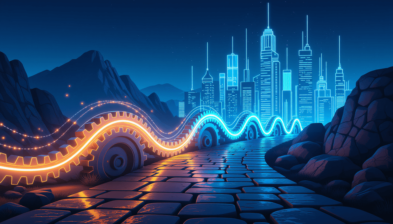 A luminous digital bridge made of interlocking gears and flowing light connects a rugged, ancient st