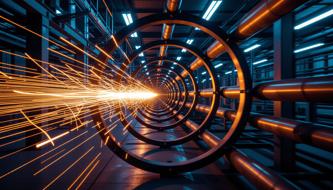 Copper piping spirals around a central steel hub, blurred by long exposure under cool industrial lig