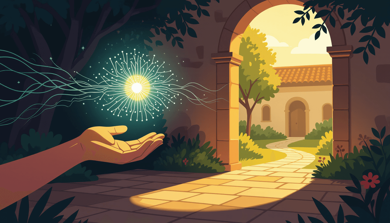A sturdy hand gently guides a glowing, intricate neural network from a distant, shadowed horizon int