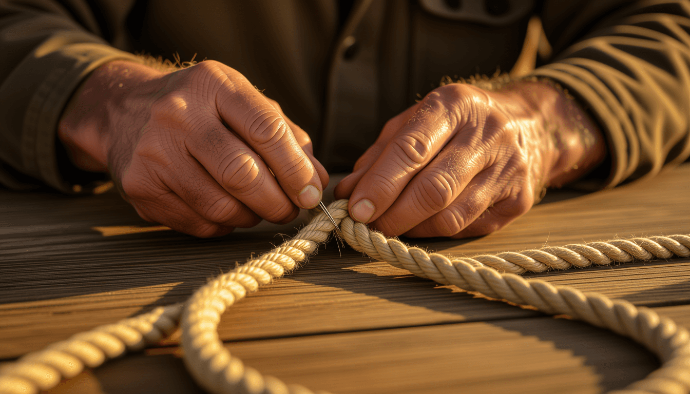 Golden hour light catches rough hands guiding a needle through thick hemp rope, the shallow depth of