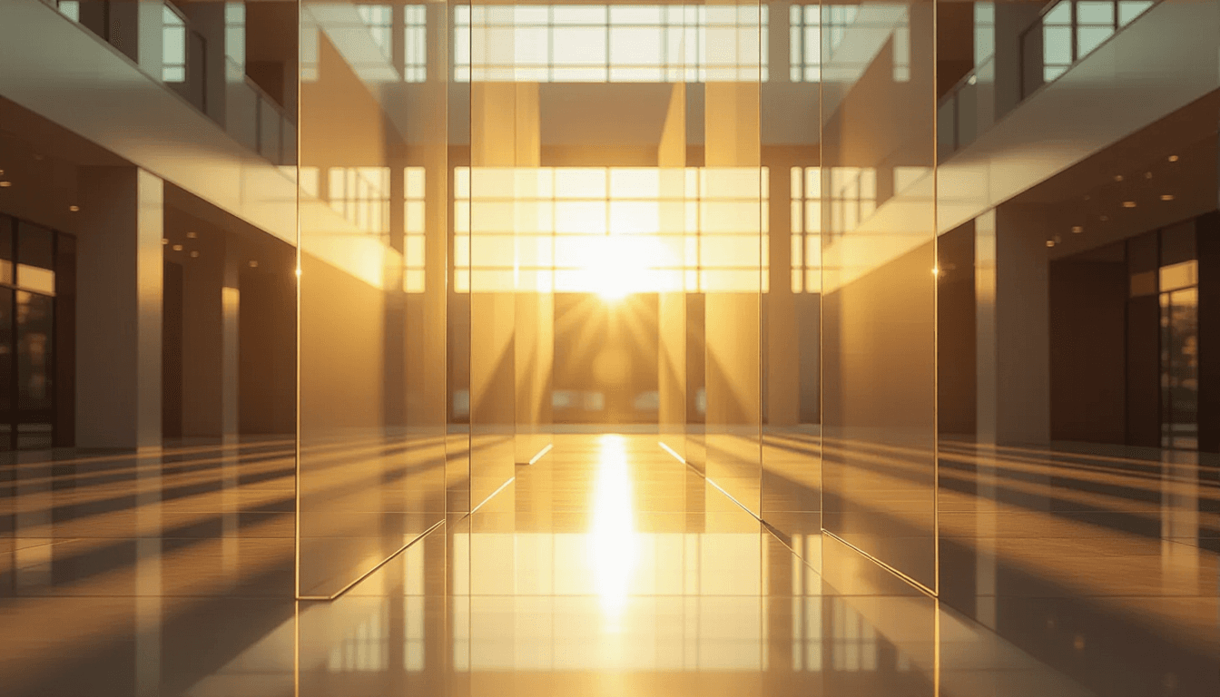 Golden hour light fractures through layered translucent acrylic sheets suspended in a wind-swept atr
