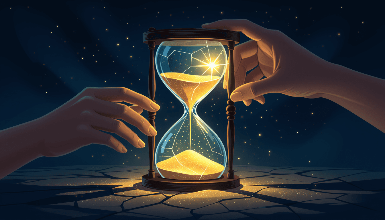 A translucent, cracked hourglass spills glowing golden sand into a dark abyss, while a pair of hands