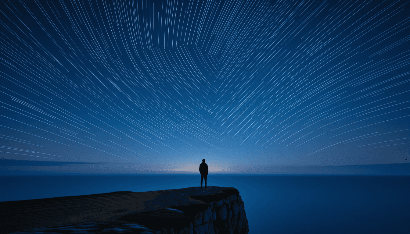 A lone figure stands on a windswept cliff edge, silhouetted against a vast, star-filled night sky. L