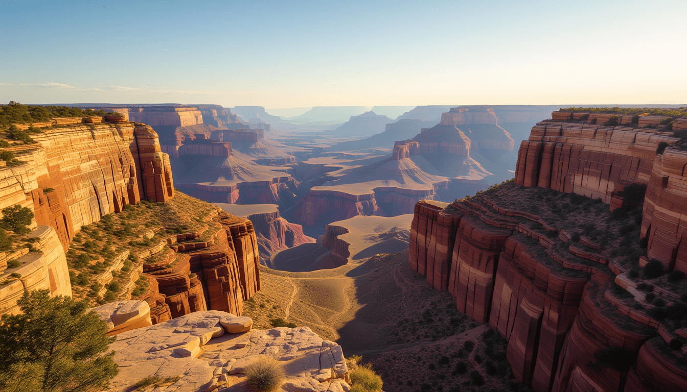 Golden hour light bathes a rugged canyon ridge, where layered sedimentary rock strata reveal distinc