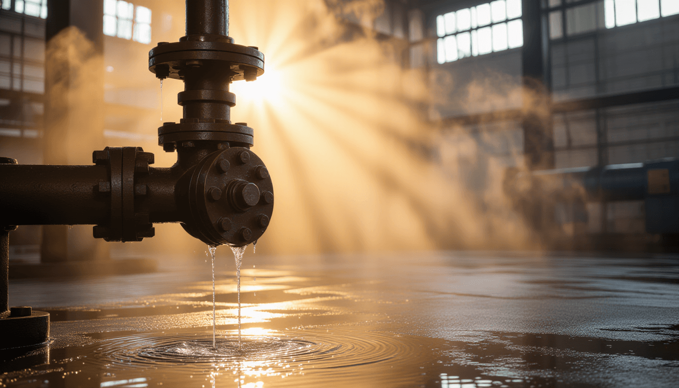 Golden hour rays slice through heavy industrial fog, illuminating dust motes drifting from a rusted