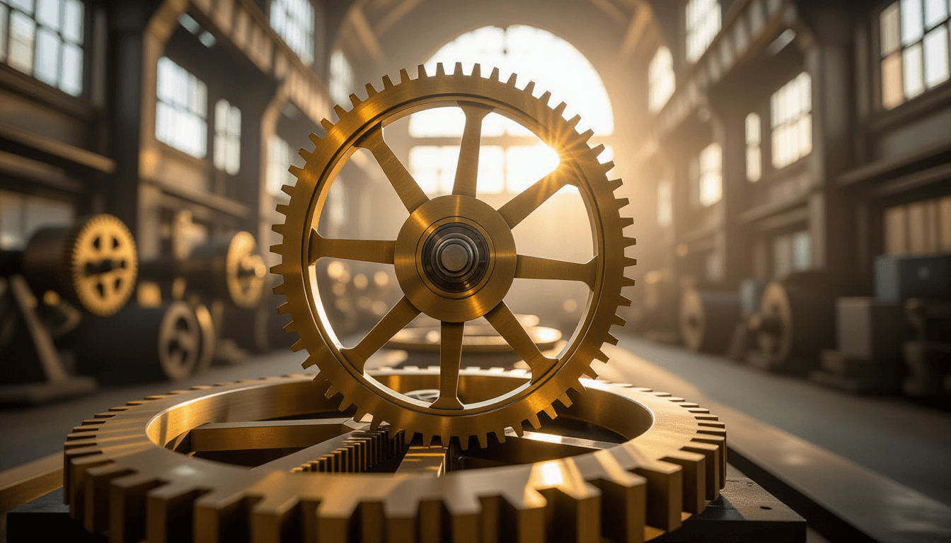 Sunlight glints off interlocking brass gears in motion within an industrial cathedral, shallow depth