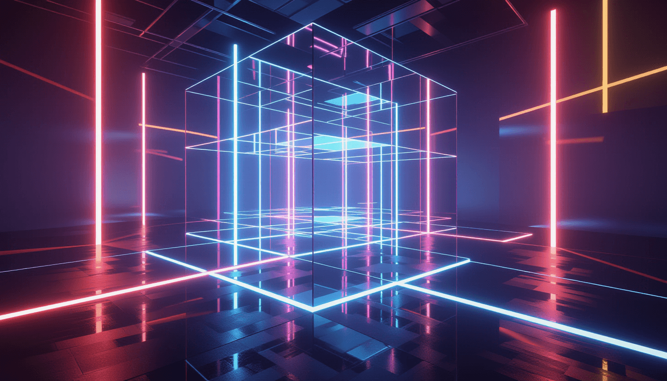 Tessellated translucent planes float in a dim studio, backlit by harsh neon strips that carve sharp