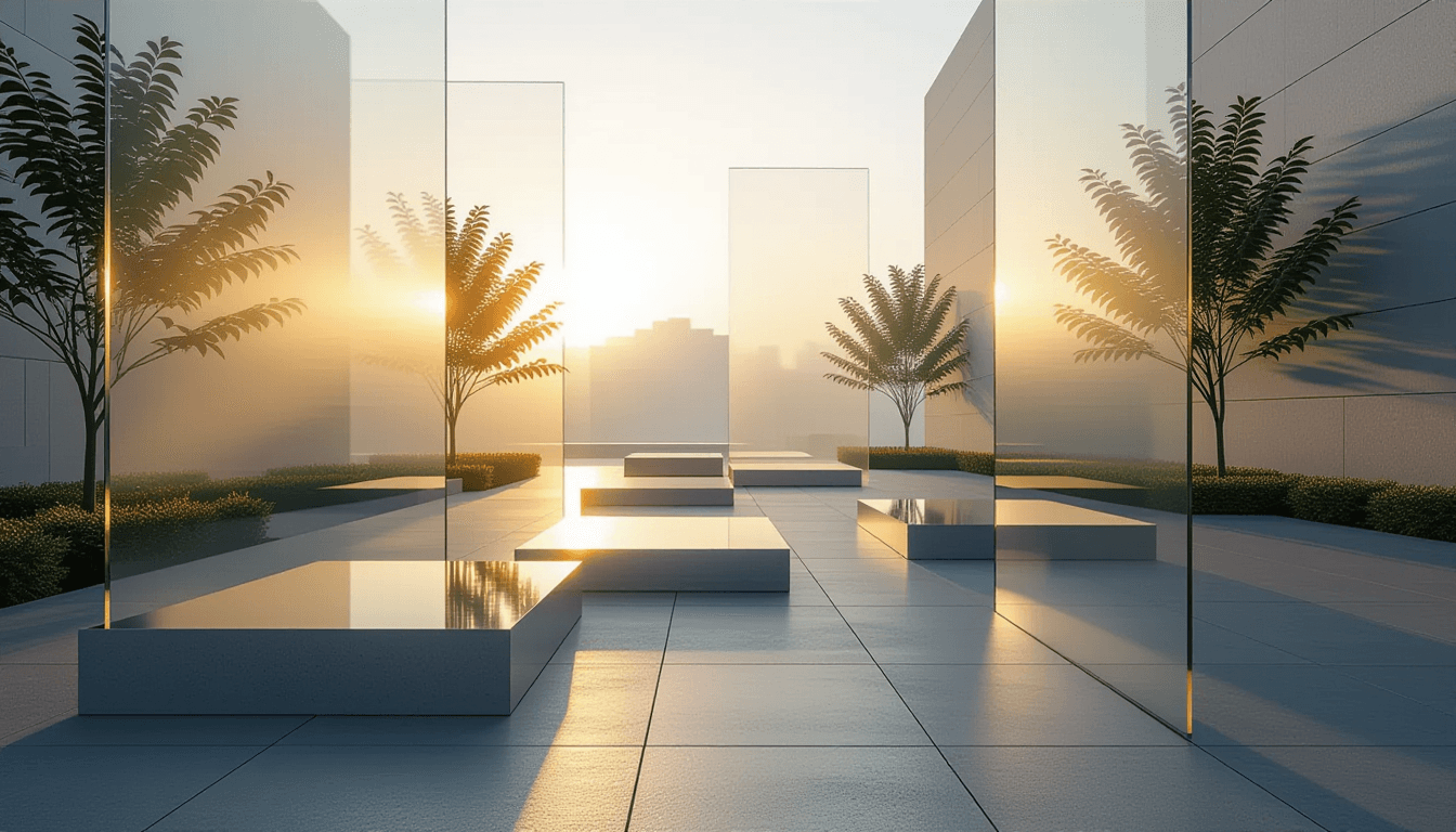 Golden hour light fractures through layered translucent planes of frosted glass, casting geometric s