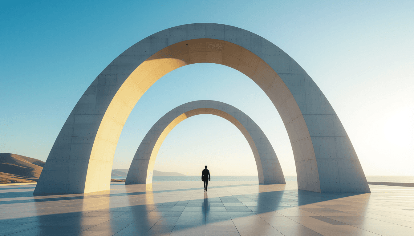 Golden hour light washes over a massive, sweeping concrete archway, its geometric curves symbolizing