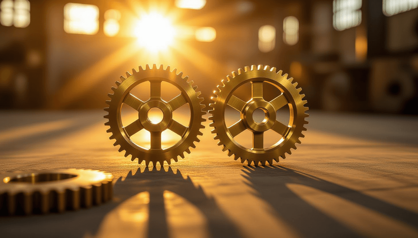 Brass gears interlock in motion blur, bathed in shafts of golden hour light cutting through industri