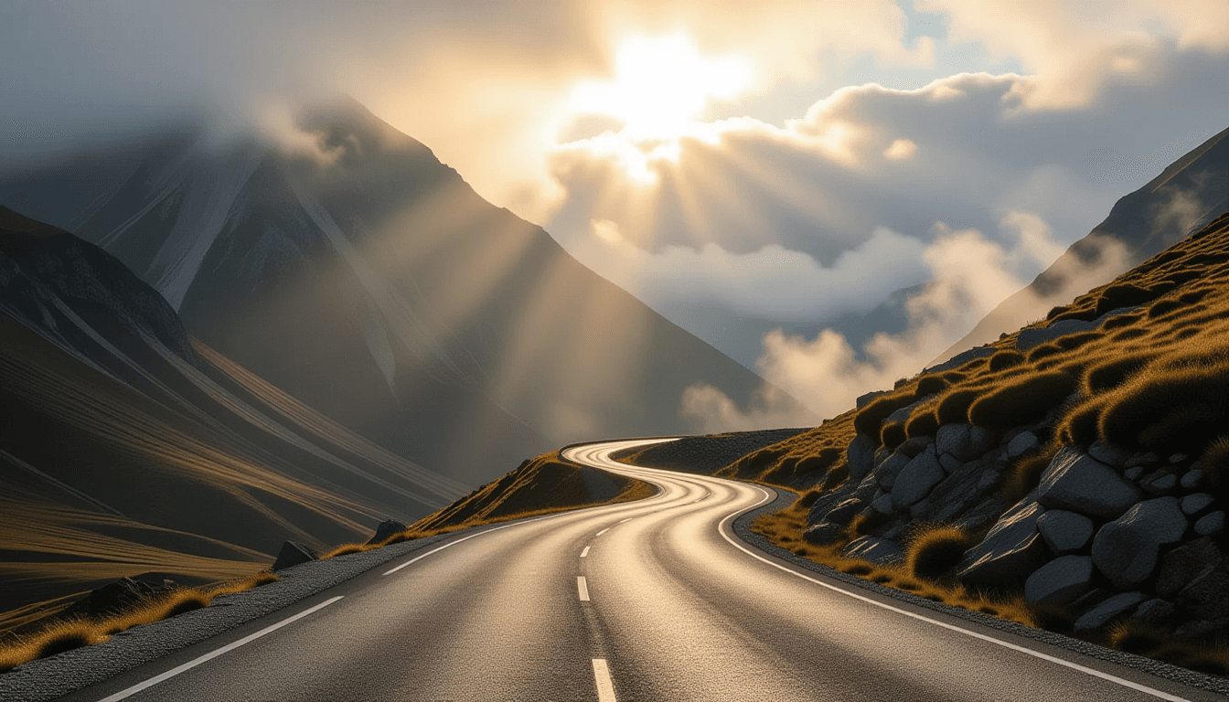 Golden hour light cuts through a jagged mountain pass, casting long, harsh shadows across a winding