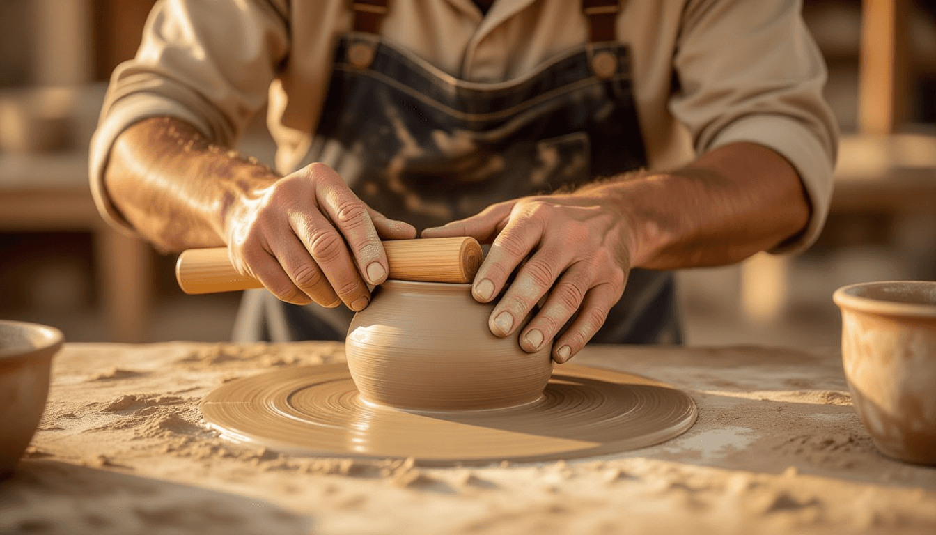 Golden hour light glints off a master potter’s hands as they press a wooden rib into wet clay, captu