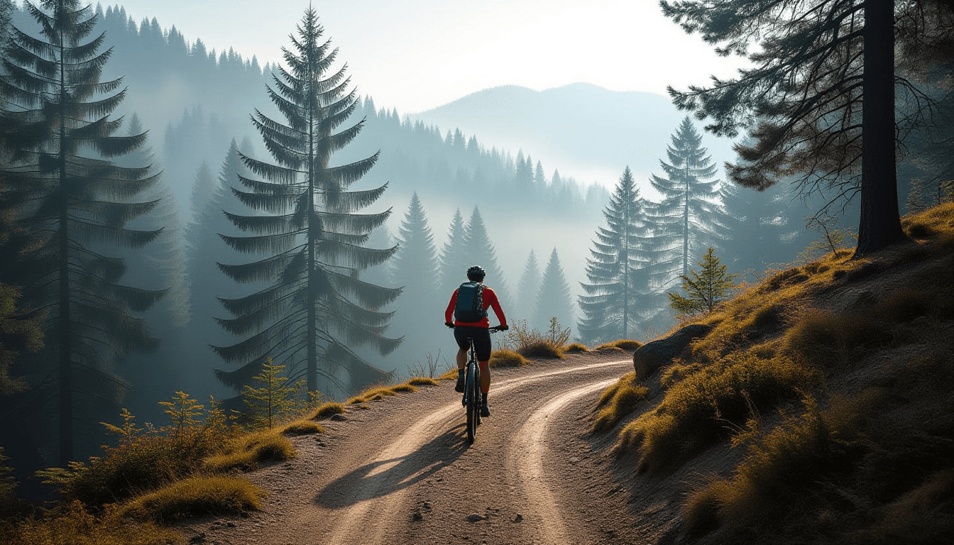 A lone cyclist navigates a rugged dirt trail winding through misty pine forests, captured in shallow