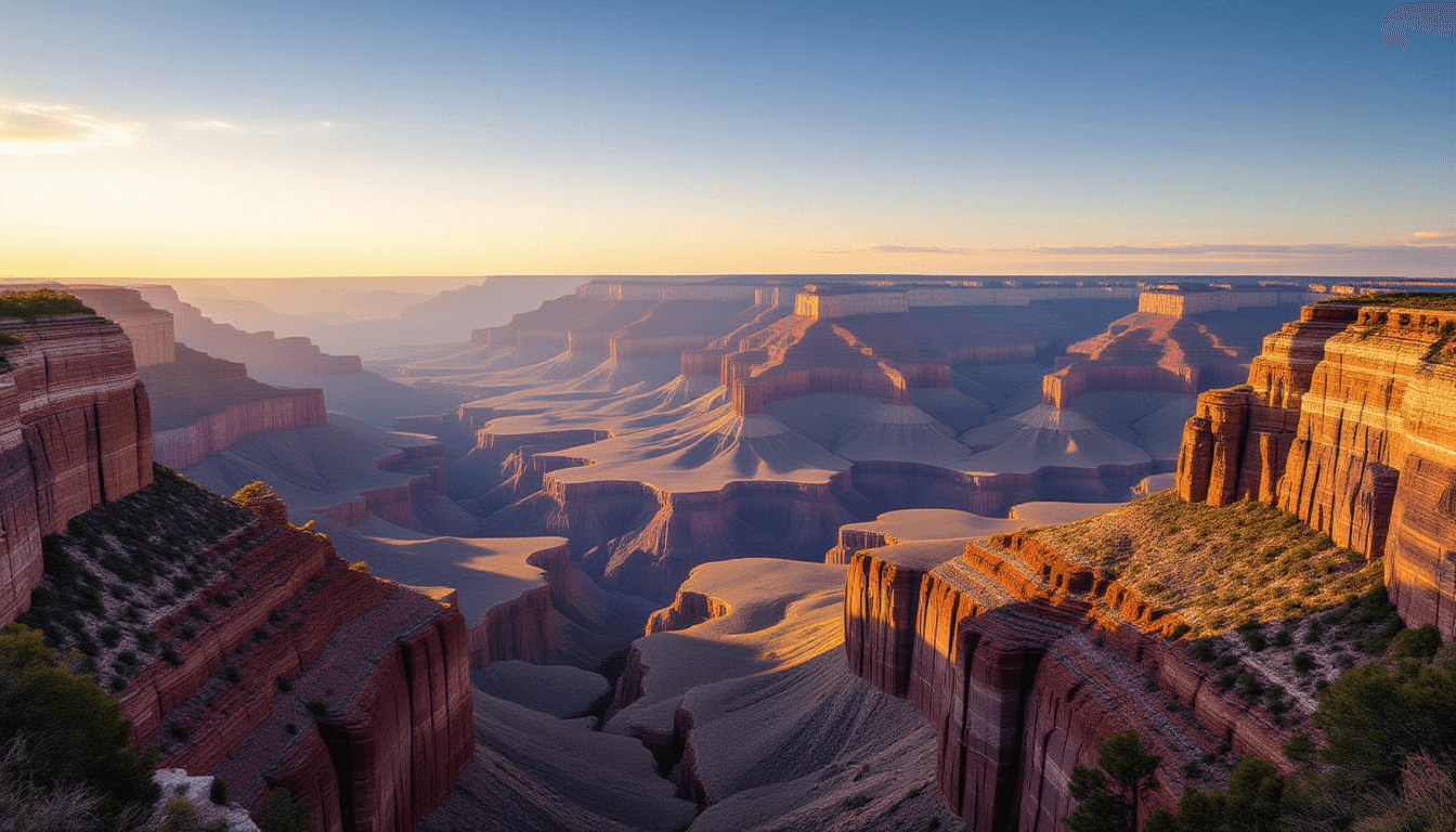 Golden hour light bathes a vast, layered canyon system, where distinct geological strata rise like a