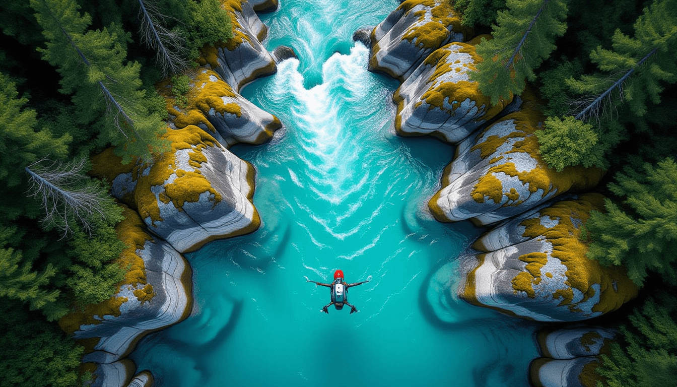 Aerial drone shot of a wide, turquoise river meandering through mossy granite boulders under soft ov