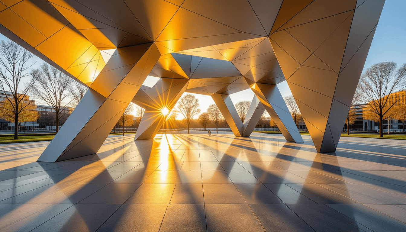 Golden hour light slices through a modern geometric pavilion, casting sharp, rhythmic shadows on pol