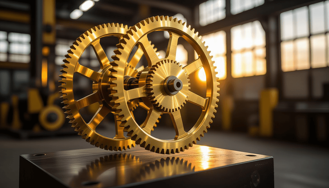 Golden hour light glints off interlocking brass gears in motion, capturing the precise mechanical rh
