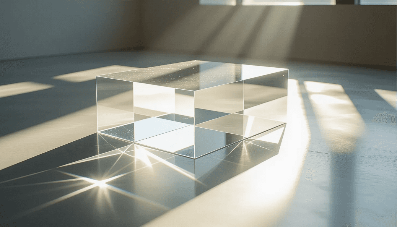 Sunlight fractures through stacked layers of translucent acrylic, casting sharp geometric shadows on