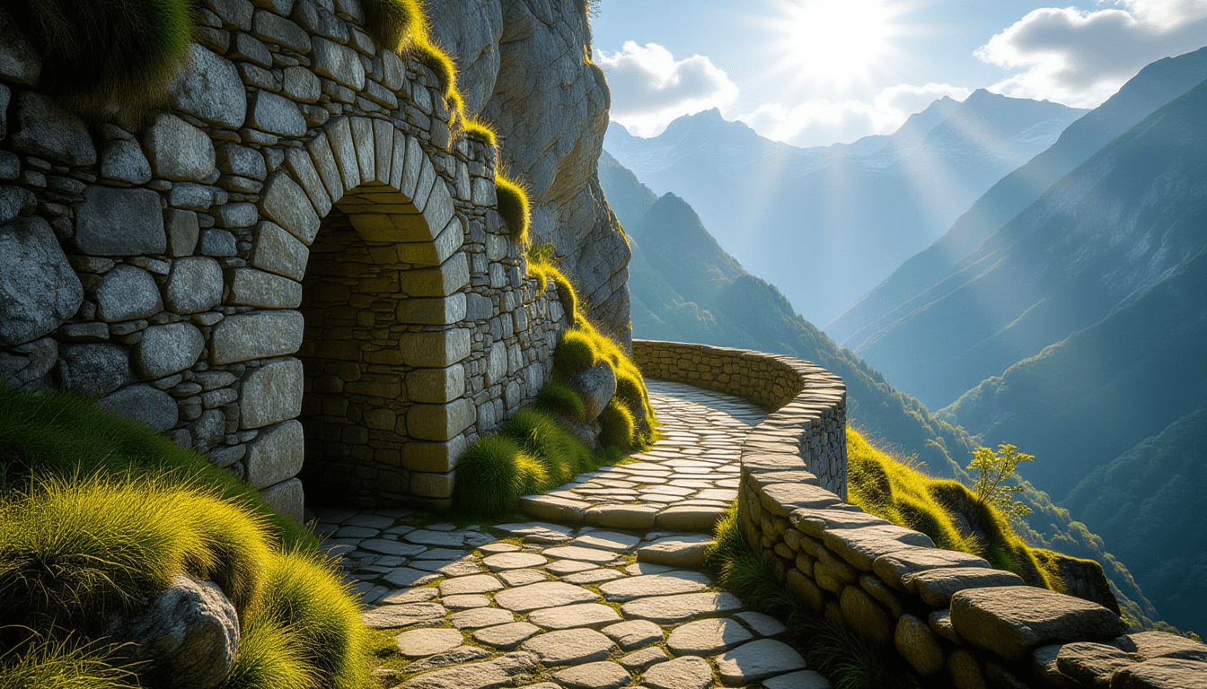 Sunlight filters through an ancient stone archway onto a mossy, winding path leading up a steep moun