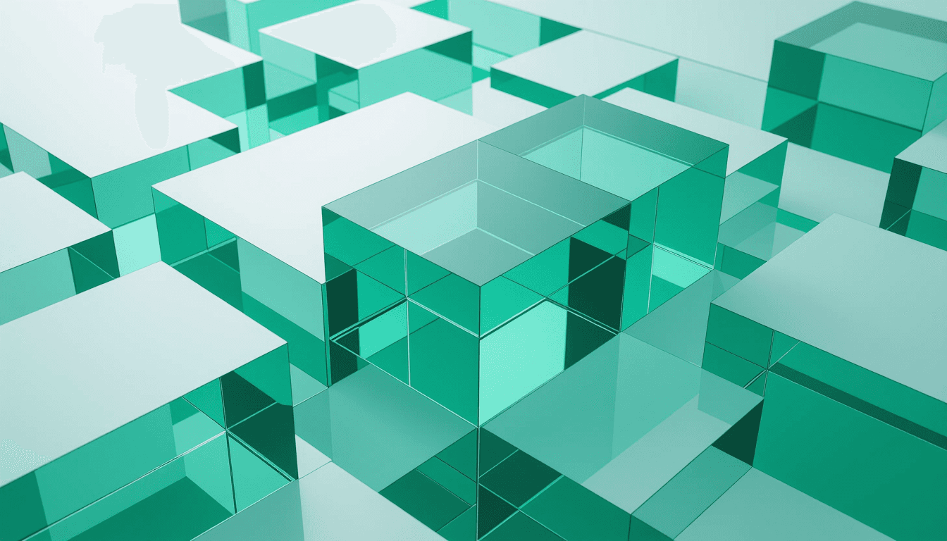 Stacked translucent emerald planes intersect with crisp white tessellations, forming a clean, floati
