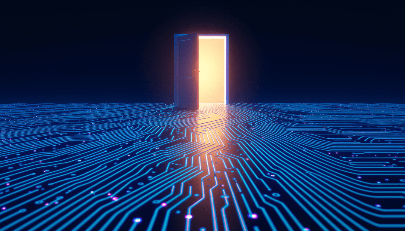 A sleek, glowing circuit board morphs into a winding path leading toward a radiant, open door, symbo