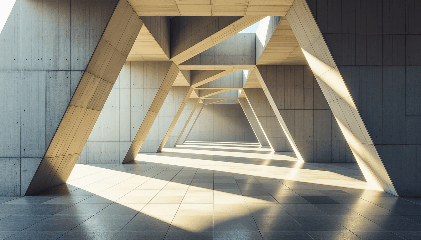 Sunlight slices through the brutalist concrete ribs of a geometric pavilion, casting sharp, intersec