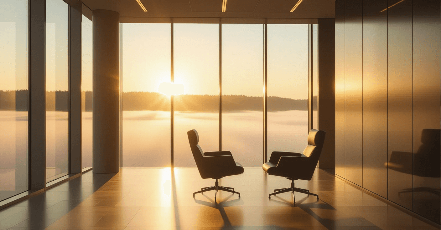 Golden hour rays pierce through morning fog, illuminating a sleek, empty executive office where soft